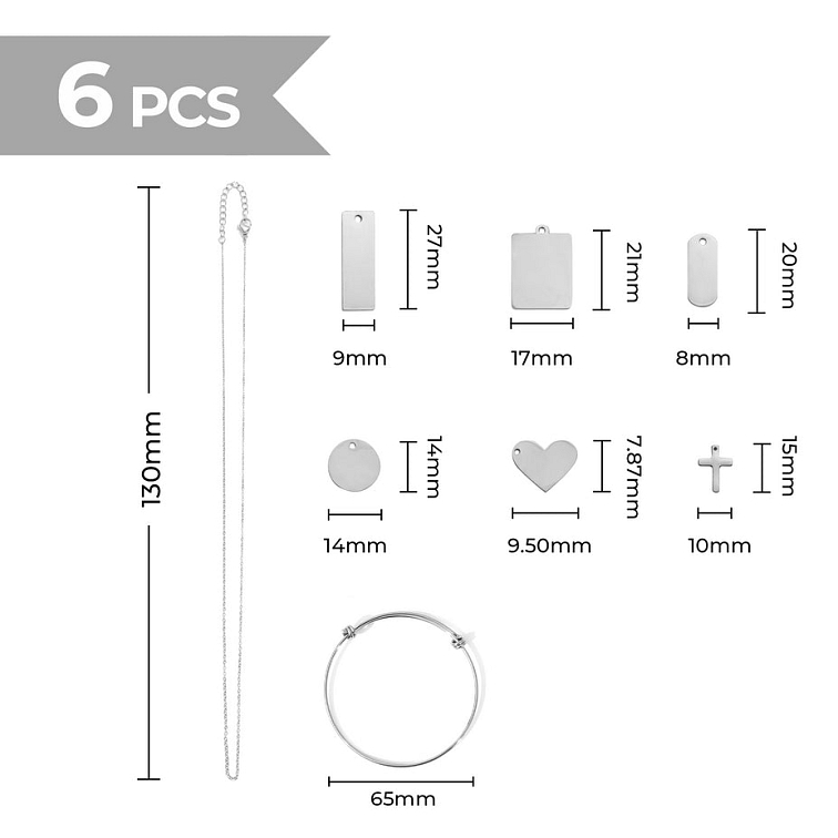 Sada přívěsků pro DIY náhrdelníky a náramky z nerezové oceli - stříbrné (6 ks)