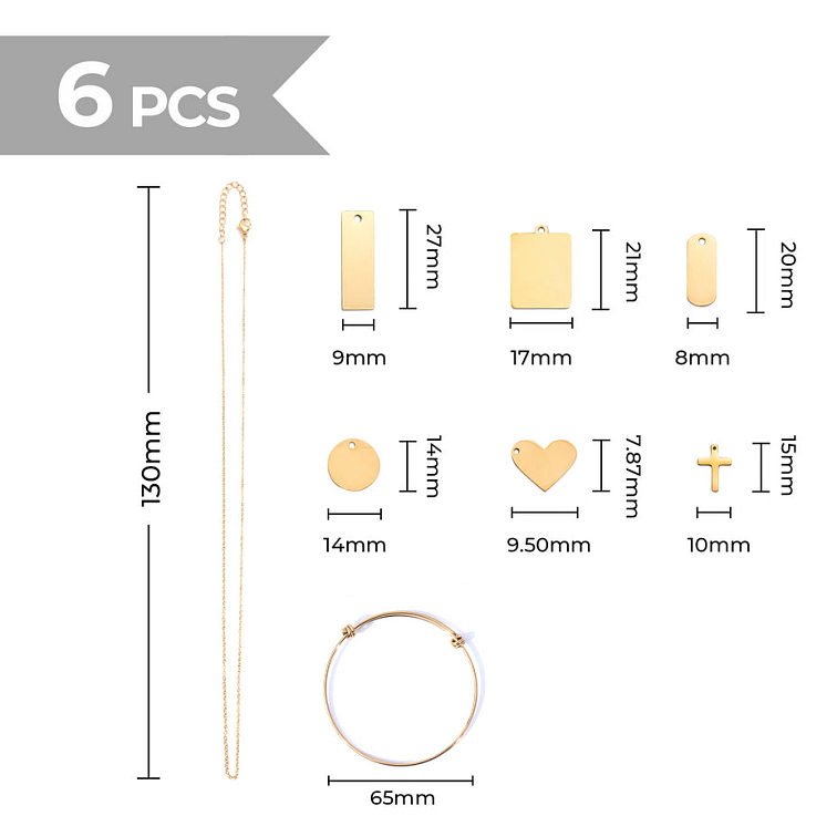 Sada přívěsků pro DIY náhrdelníky a náramky z nerezové oceli - zlaté (6 ks).