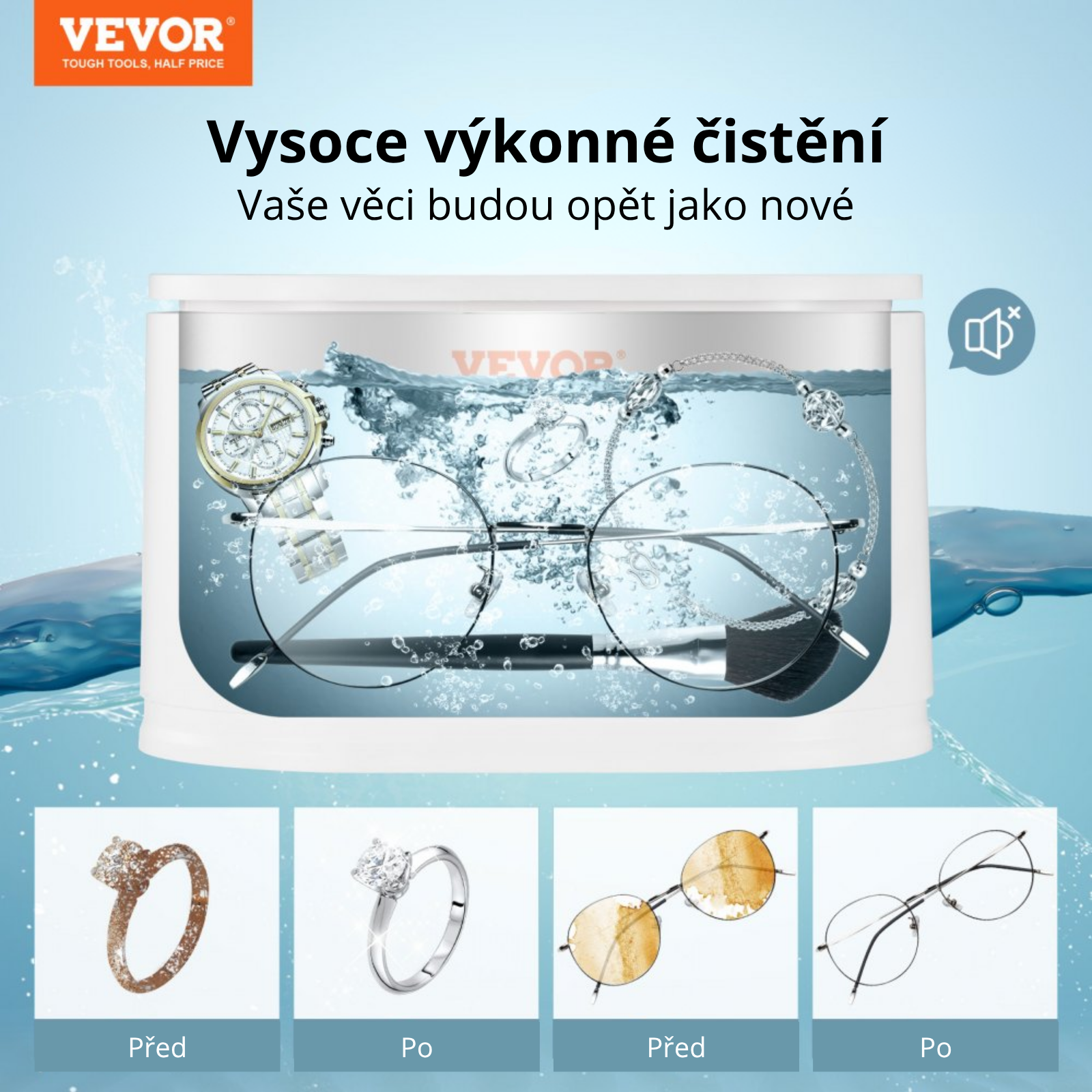 VEVOR Přenosná ultrazvuková čistička šperků 35 W 650 ml