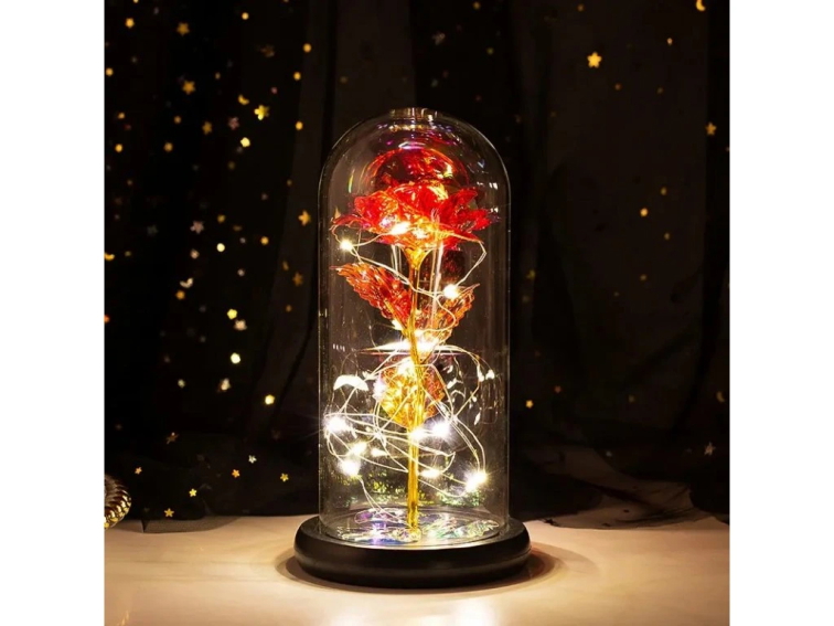 Svietiaca večná ruža zo skla - červená a zlatá