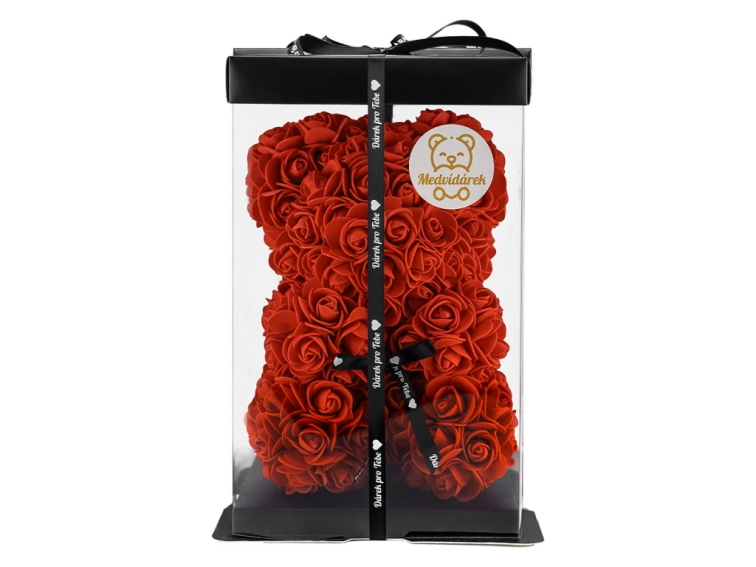 Medvídárek Romantic medvedík z ruží 25cm darčekovo balený - biely zasypaný bielymi lístkami