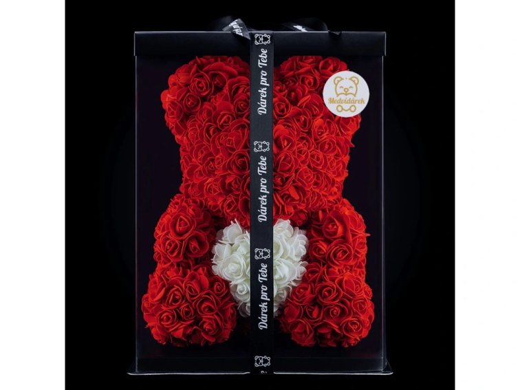 Medvídárek BIG Classic medvedík z ruží 40cm darčekovo balený - červený s bielym srdcom