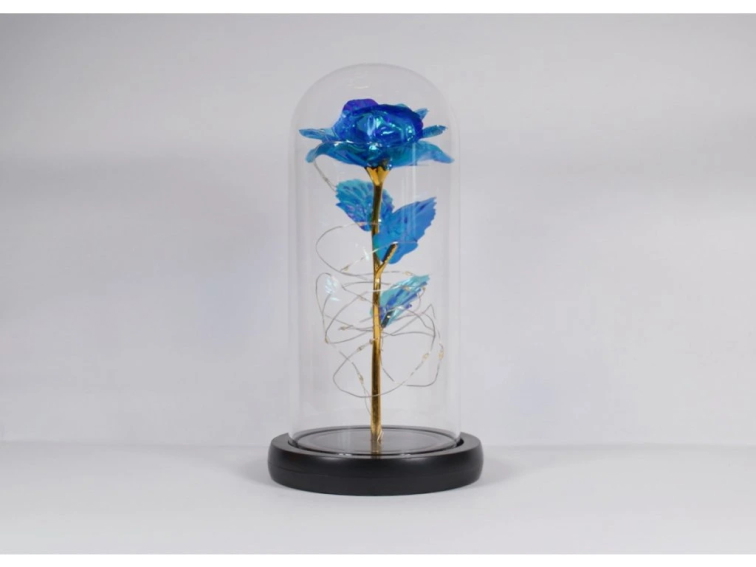 Svetelná večná ruža v skle - modré zlato