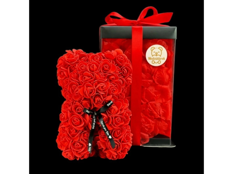 Medvídárek Romantic medvedík z ruží 25cm darčekovo balený - biely zasypaný červenými lístkami