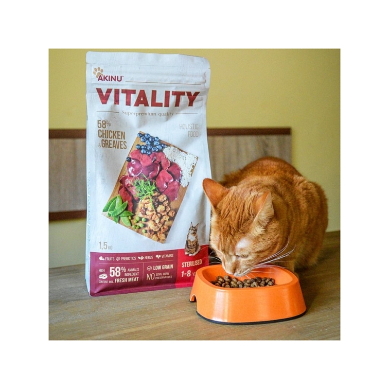 Akinu VITALITY Sterilizovaná kočka kuře/škvarky 1,5kg
