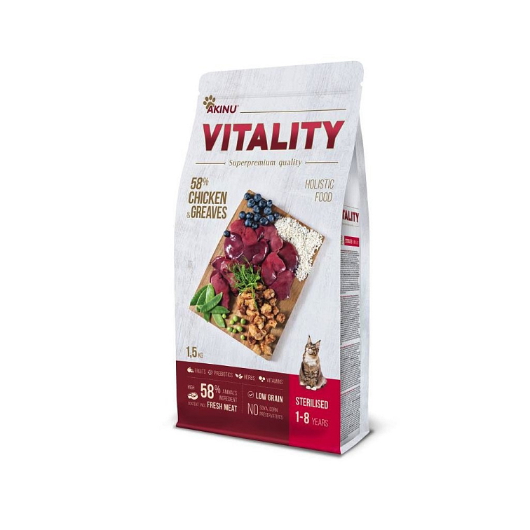 Akinu VITALITY Sterilizovaná kočka kuře/škvarky 1,5kg