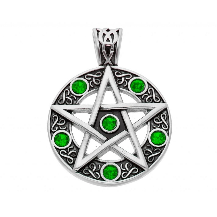 Přívěsek z chirurgické oceli, Pentagram se zelenými zirkony