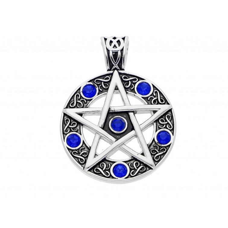 Přívěsek z chirurgické oceli, Pentagram s modrými zirkony