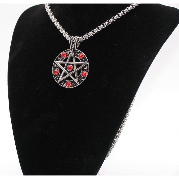 Přívěsek z chirurgické oceli, Pentagram s červenými zirkony