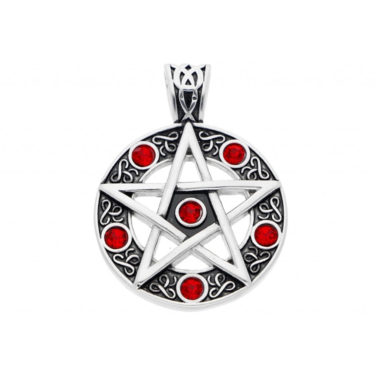Přívěsek z chirurgické oceli, Pentagram s červenými zirkony