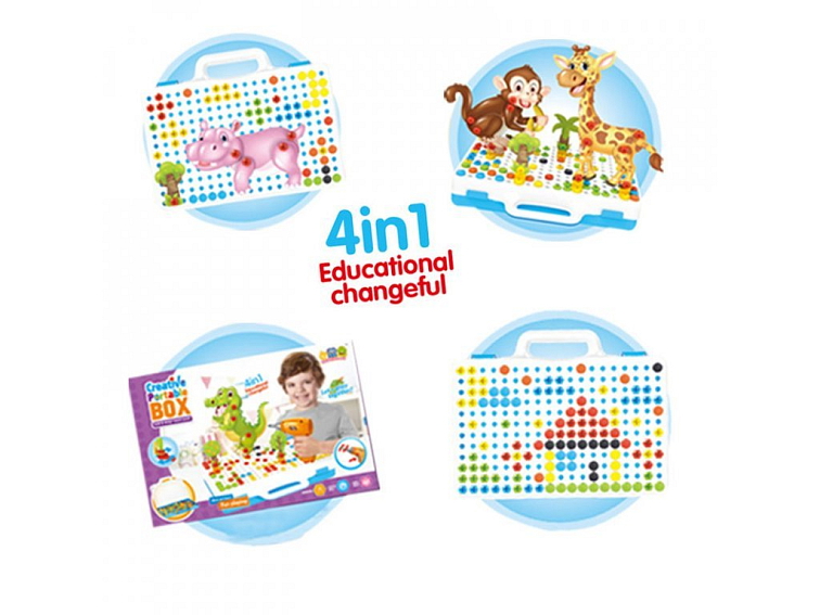 KREATIVNÍ ŠROUBOVACÍ STAVEBNICE S DĚTSKOU VRTAČKOU A KNIHOU S MOTIVY - SADA 198 DÍLKŮ