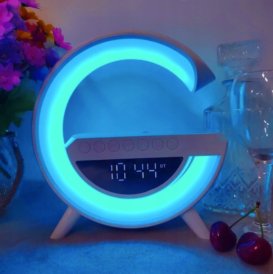 LED světlo Bluetooth reproduktor bezdrátová nabíječka QI Hodiny Rádio FM Budík