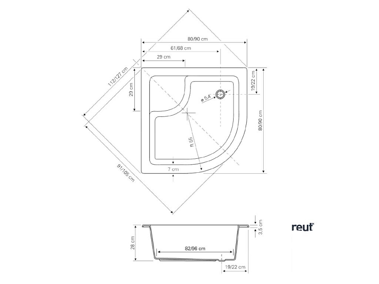 Aqualine Sprchová vanička akrylátová,štvrťkruh 80x80x28cm vrátane nožičiek, R550 C83