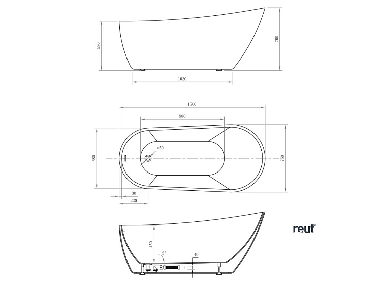 Aqualine TISA voľne stojaca vaňa 150x75cm, biela E1575
