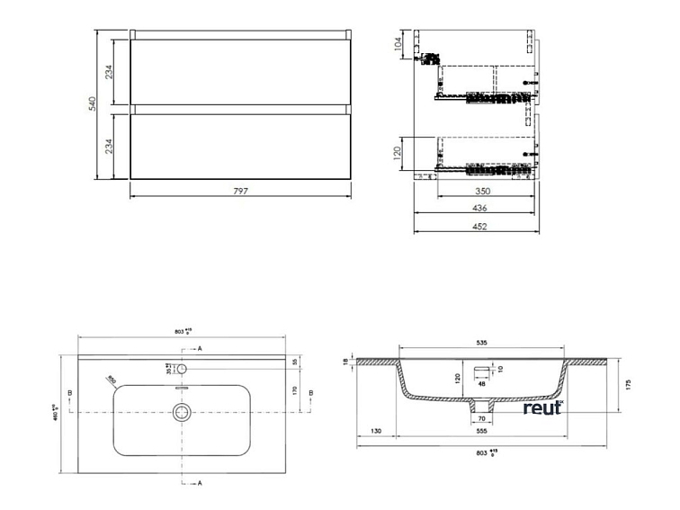 kielle Nefia Skrinka vrátane umývadla, 80x55x46 cm, 2 zásuvky, lesklá biela 50027S820