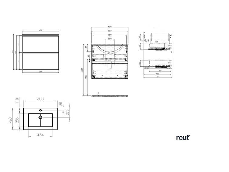 kielle Oudee Skrinka vrátane umývadla, 60x55x46 cm, 2 zásuvky, lesklá biela 50002S60