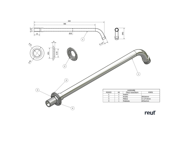 Aqualine Sprchové ramienko guľaté, 405mm, chróm T04