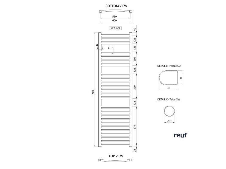 Aqualine ALYA vykurovacie teleso oblé 600x1703mm, chróm LLC205