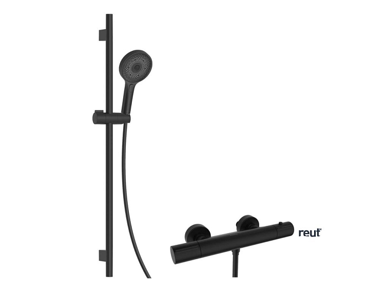 kielle Oudee Sprchový set s termostatickou batériou, tyčou, hadicou a sprchovou hlavicou, matná čierna 20602SNT14