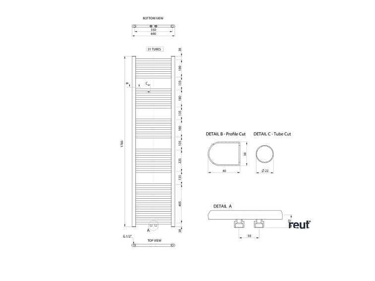 Aqualine ALYA stredové pripojenie ALYA vykurovacie teleso rovné 600x1785mm, stredové pripojenie, chróm LLS306