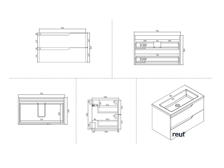 kielle Oudee Skrinka s umývadlom 80 cm, lesklá biela/tmavý dub 50002S810