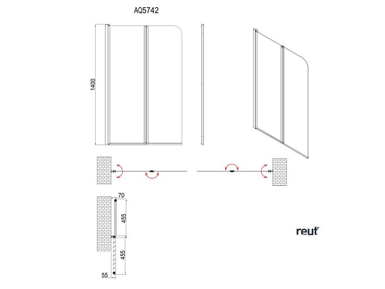 Aqualine WILA vaňová zástena 900x1400 mm, skladacie, čierna, číre sklo AQ5742B