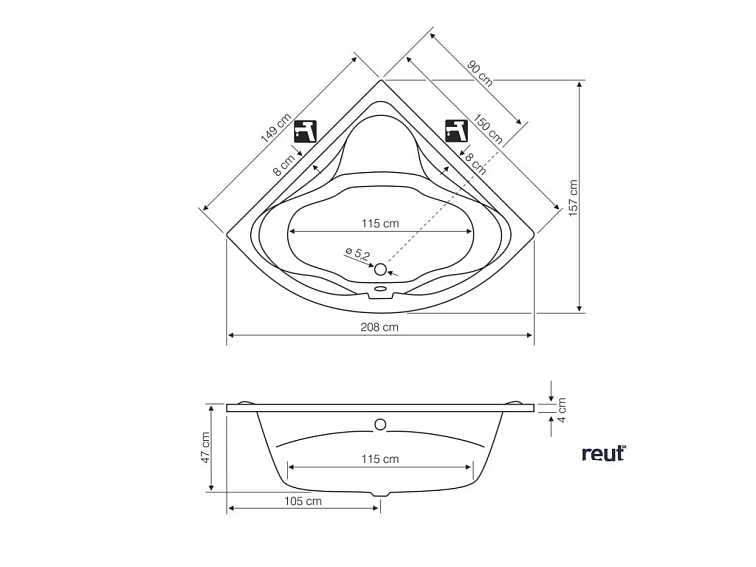Aqualine DUNAJ rohová vaňa 150x150x48cm, biela G1350