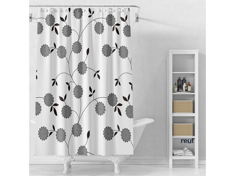 Aqualine Sprchový záves 180x180cm, vinyl, biele, čierne kvety ZV037