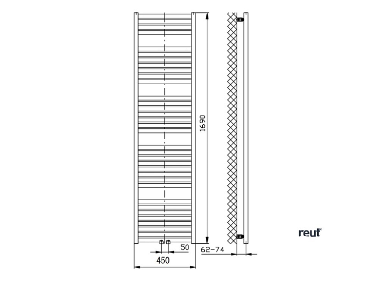 Aqualine TONDI vykurovacie teleso 450x1690 mm, stredové pripojenie, čierna mat DT446T
