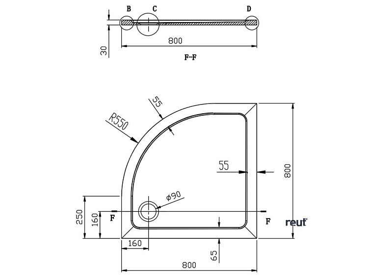 Aqualine TECMI vanička z liateho mramoru, štvrťkruh 80x80x3cm, R55 PQ558