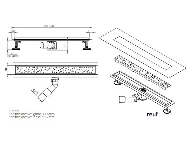 AQUALINE KANÁLIKY BUCANERA podlahový žľab z nerezové oceli s roštom, L-900, DN50 NO3190