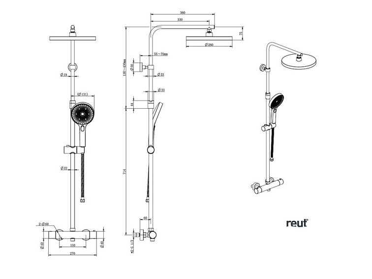 kielle Oudee Sprchový set s termostatom, 26 cm, 3 prúdy, matná čierna 20602014