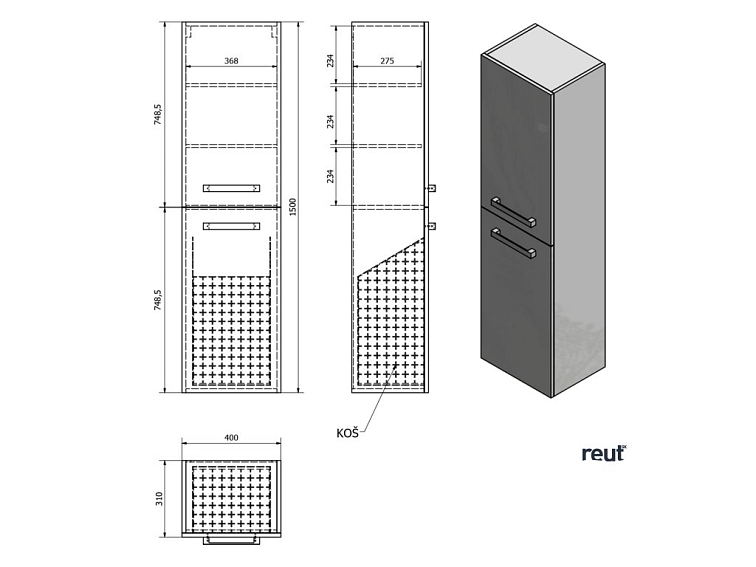 Aqualine VEGA Skrinka vysoká s košom 40x150x31cm, dub platin VG960