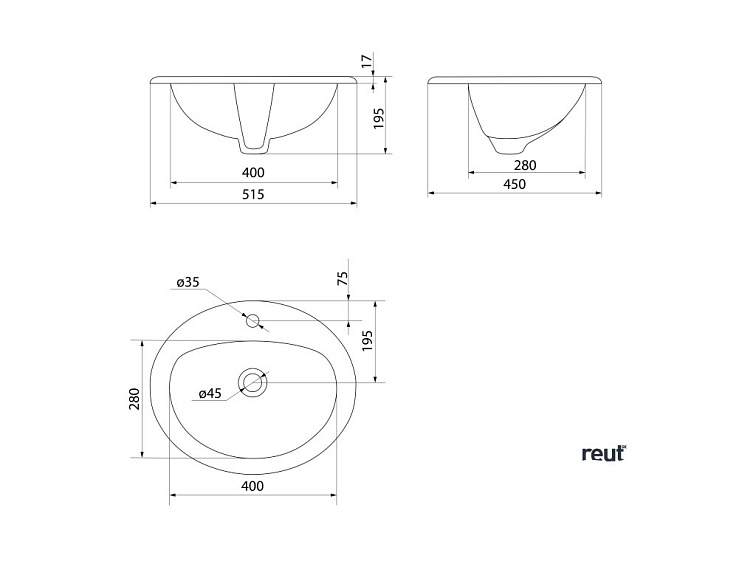 Aqualine Keramické umývadlo zápustné 52x45cm, biela 55227