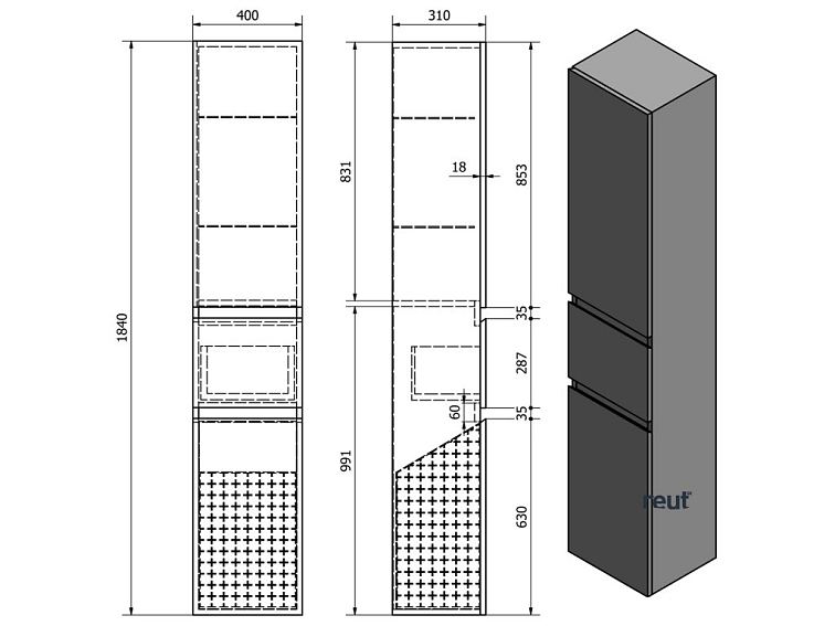 Aqualine ALTAIR vysoká skrinka s košom 40x184x31cm, biela AI185L