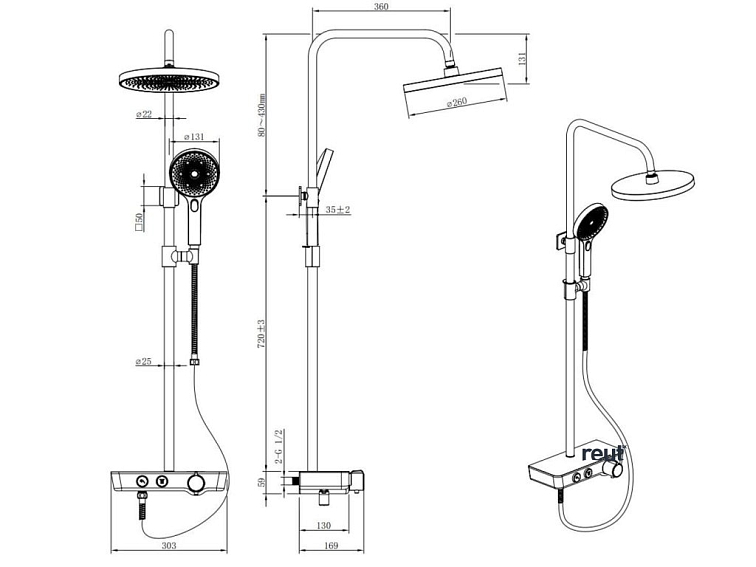 kielle Oudee Sprchový set s termostatom, 26 cm, 3 prúdy, chróm/biela/čierna 20602000