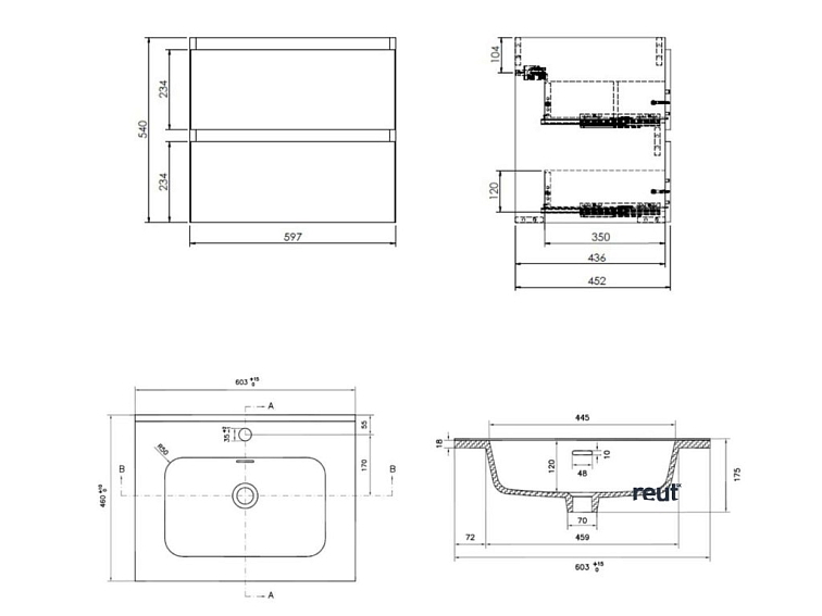 kielle Nefia Skrinka vrátane umývadla, 60x55x46 cm, 2 zásuvky, zlatý dub 50027S621