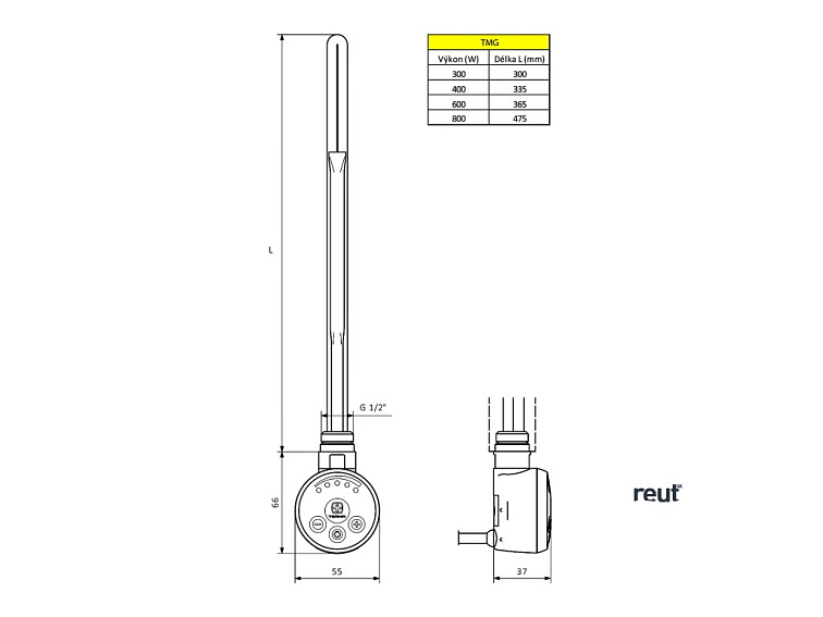 Aqualine TMG Vykurovacia tyč s termostatom, 600 W, biela mat TMG303