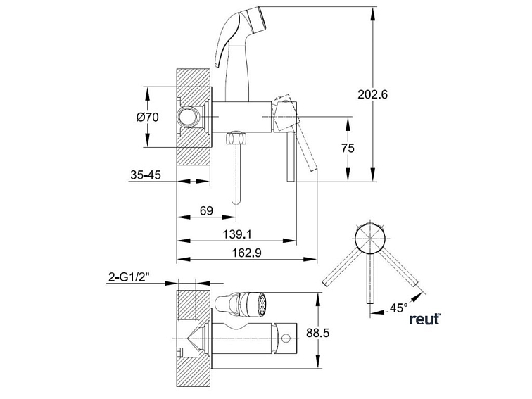 kielle Oudee Set pákovej batérie pod omietku s bidetovou spŕškou, matná čierna 10402204
