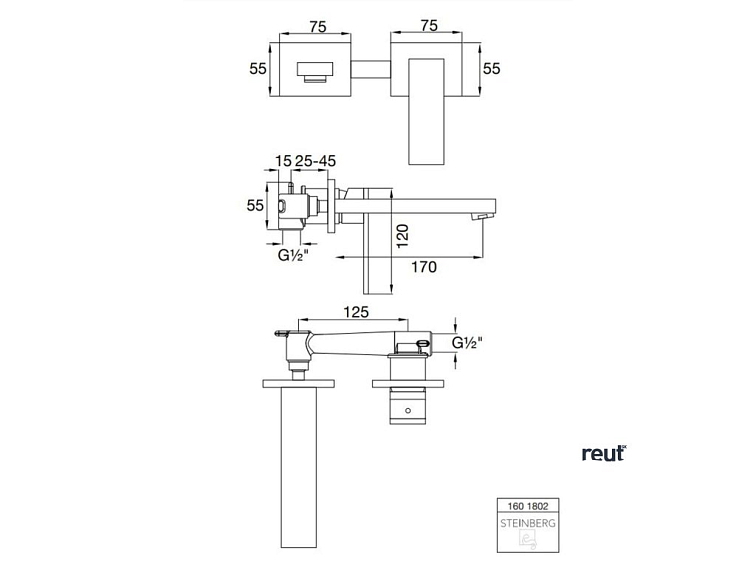 Steinberg 160 Umývadlová batéria pod omietku, 2-otvorová inštalácia, s telesom, chróm 1 601 802