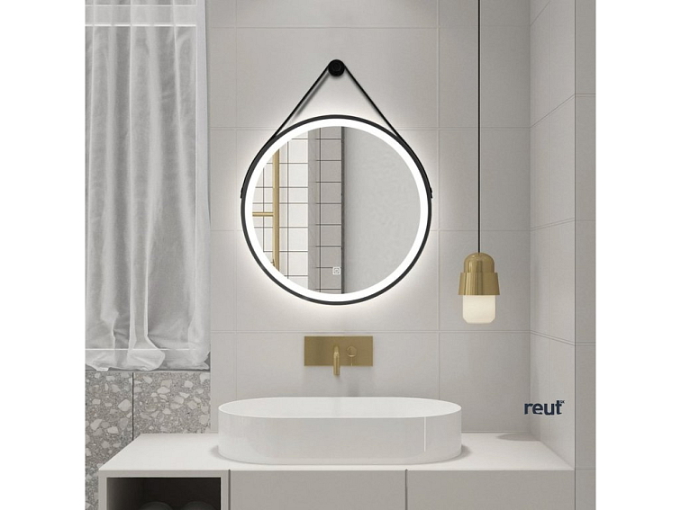 Aqualine STAGO guľaté zrkadlo s LED osvetlením priemer 60cm, kožený popruh, dotykový senzor, stmievateľné, čierna mat SG060
