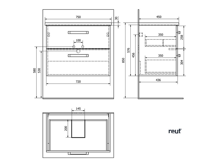 Aqualine VEGA umývadlová skrinka 72x57,6x43,8 m, 2x zásuvka, dub platin VG873
