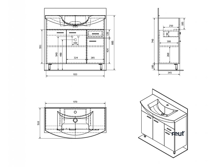 Aqualine ZOJA umývadlová skrinka 93x74x34cm, biela 51094A
