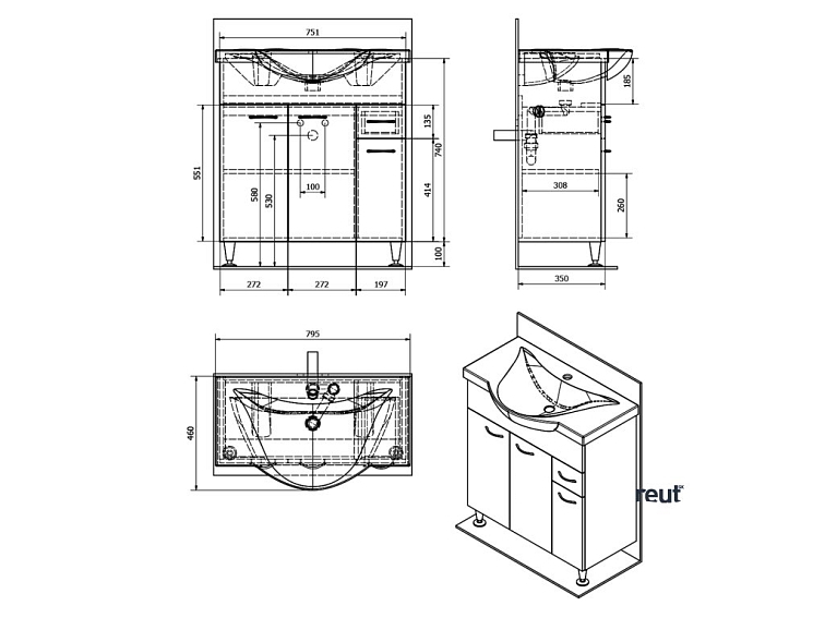 Aqualine KERAMIA FRESH umývadlová skrinka 74,5x74x34,7cm, dub platin 50083