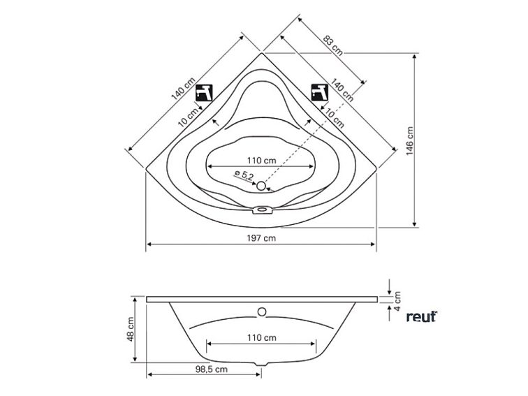 Aqualine DUNAJ rohová vaňa 140x140x48 cm, biela G1340