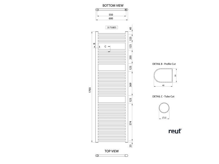 Aqualine ALYA vykurovacie teleso rovné 600x1703mm, chróm LLR106
