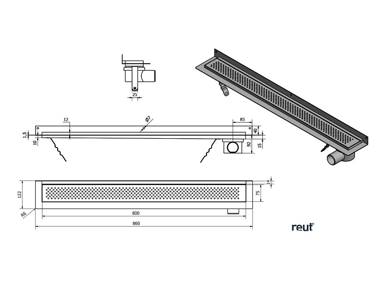 AQUALINE KANÁLIKY KROKUS podlahový žľab z nerezové oceli s roštom, nástenný, L-860, DN50 2715-90