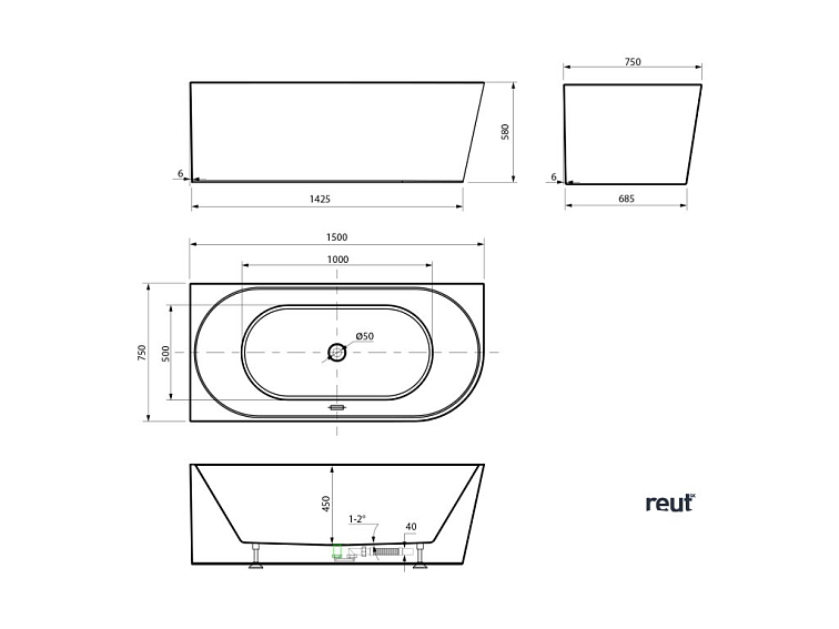 Aqualine TIBERA L rohová stojaca vaňa 150x75cm, biela E1047