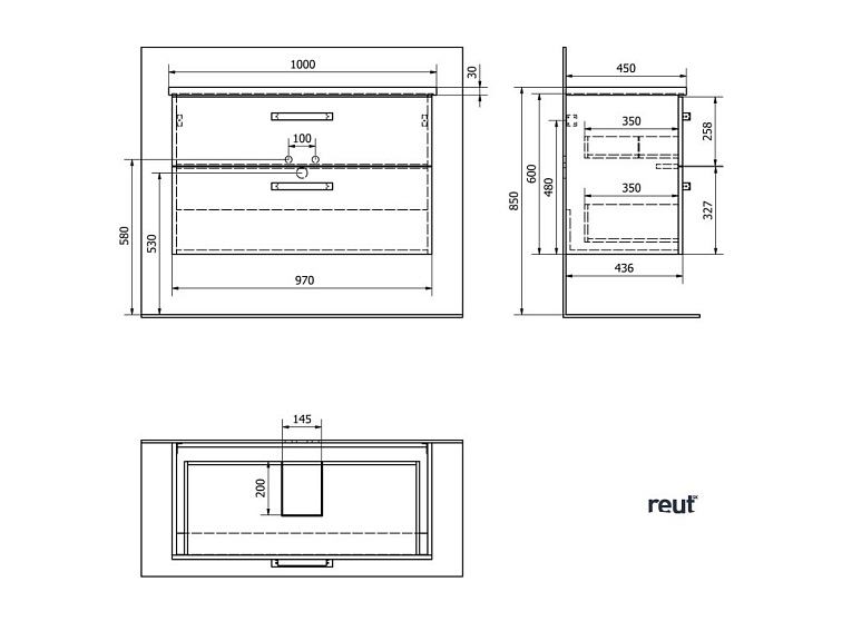 Aqualine VEGA umývadlová skrinka 97x60x43,8cm, 2x zásuvka, dub platin VG903