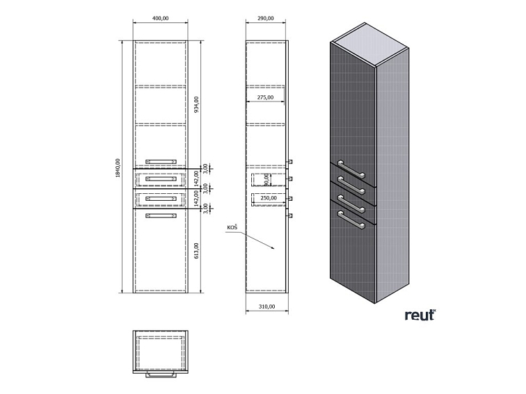 Aqualine VEGA Skrinka vysoká s košom, 40x184x31cm, biela VG180